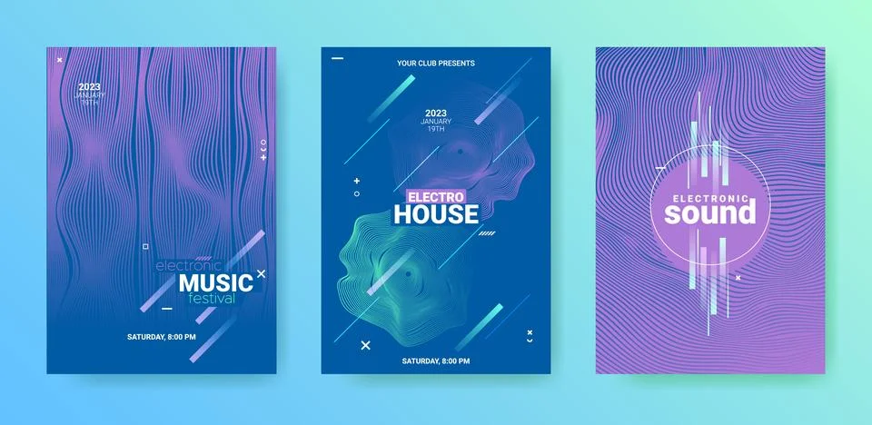 Edm Party Flyer Set. Techno Music Dance Cover. Electro Sound Stock Illustration