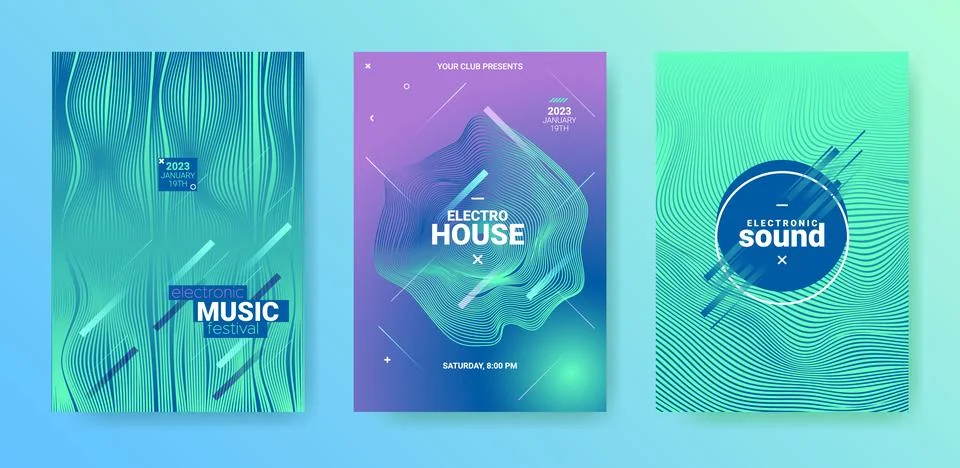 Edm Party Flyer Set. Techno Music Dance Cover. Electronic Sound Stock Illustration