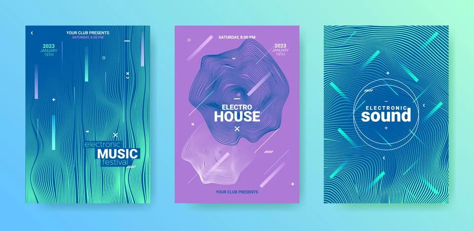 Edm Party Flyer Set. Techno Music Dance Cover. Electro Sound Banner. Stock Illustration