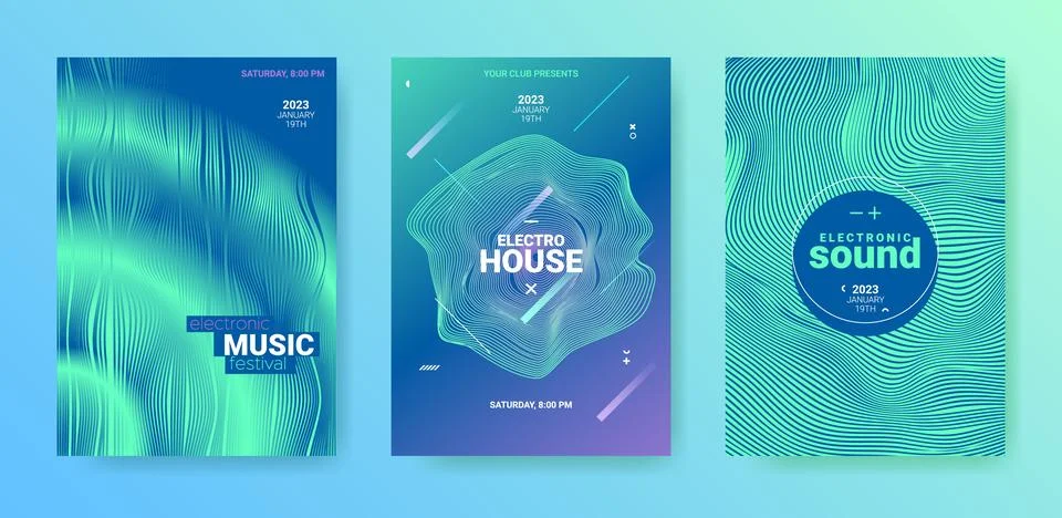 Edm Poster Set. Techno Dance Music Cover. Electro Sound Banner. Illustrazione stock