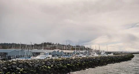 Edmonds, Marina Beach Park, WA, 03.13.2025 - boats are moored at the parkin.. Stock Photos