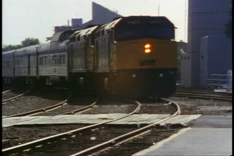 EDMONTON, ALBERTA, 1990, The Canadian train arrives in station, slow approach Stock Footage 20485053