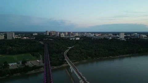 Edmonton Descend Over LRT Bridge Towards River Stock Footage 201778929