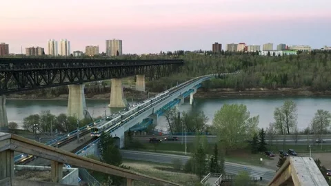 Edmonton High Level Bridge with LRT crossing Stock Footage 137069998