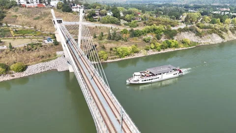 Edmonton metro cable-stayed bridge over a river  Stock Footage 316086117
