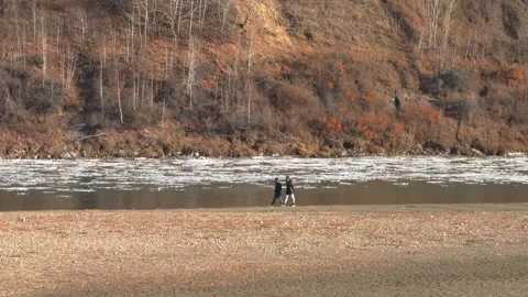 Edmonton North Saskatchewan river landscape with ice drift in fall season Stock Footage 165166298