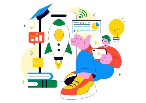 EdTech Startup Vector Illustration Featuring Opportunities in E-Learning, M.. Stock Illustration