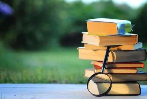 Educaion back school book stack page outdoor Stock Photos
