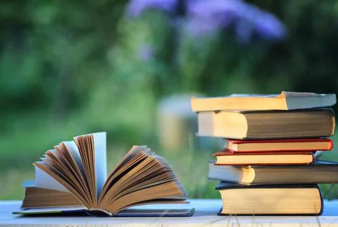 Educaion back school book stack page outdoor Stock Photos