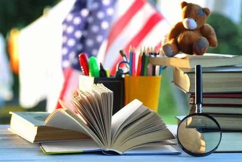 Educaion back school book stack page outdoor Stock Photos