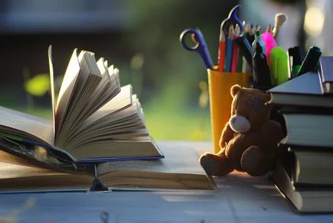 Educaion back school book stack page outdoor Stock Photos