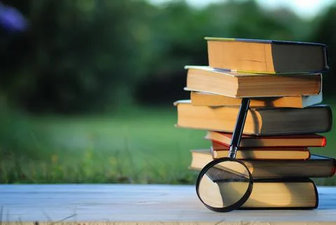 Educaion back school book stack page outdoor Stock Photos