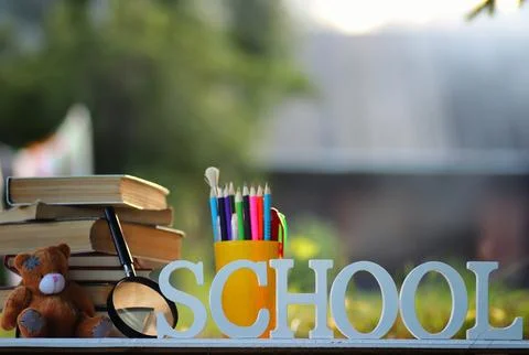 Educaion back school book stack page outdoor Stock Photos