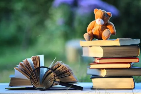 Educaion back school book stack page outdoor Stock Photos