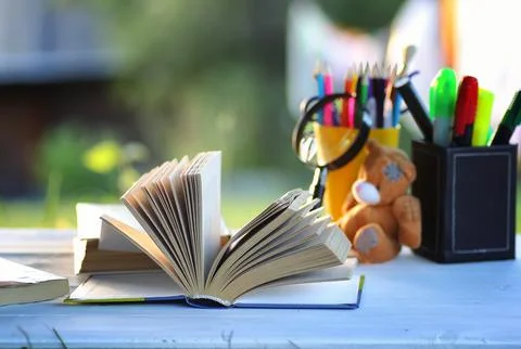 Educaion back school book stack page outdoor Stock Photos