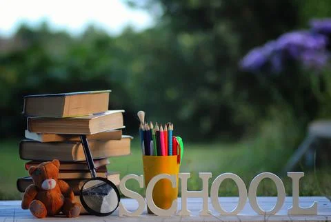 Educaion back school book stack page outdoor Stock Photos