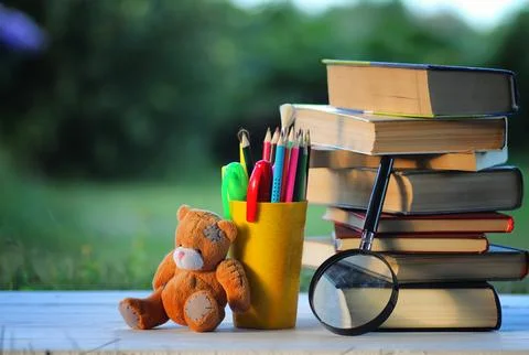 Educaion back school book stack page outdoor Stock Photos