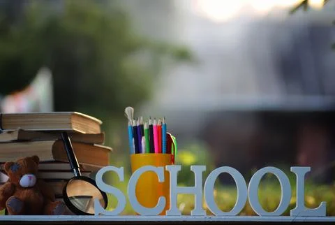 Educaion back school book stack page outdoor Stock Photos