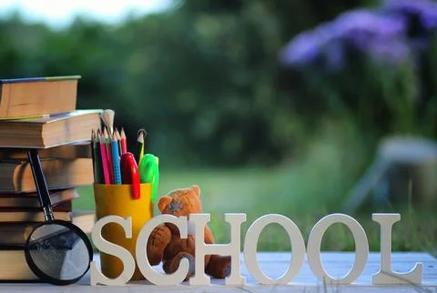Educaion back school book stack page outdoor Stock Photos