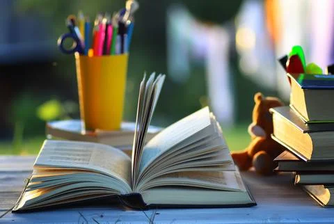Educaion back school book stack page outdoor Stock Photos