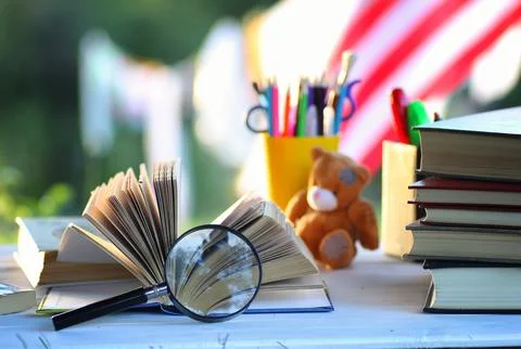 Educaion back school book stack page outdoor Stock Photos