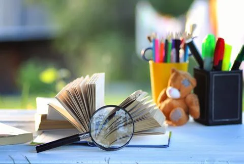 Educaion back school book stack page outdoor Stock Photos