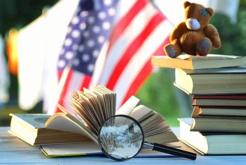 Educaion back school book stack page outdoor Stock Photos