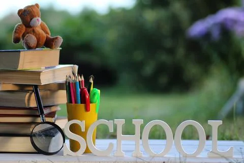 Educaion book stack page outdoor Stock Photos