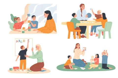 Educating and teaching children through play in kindergarten. Teachers or Stock Illustration