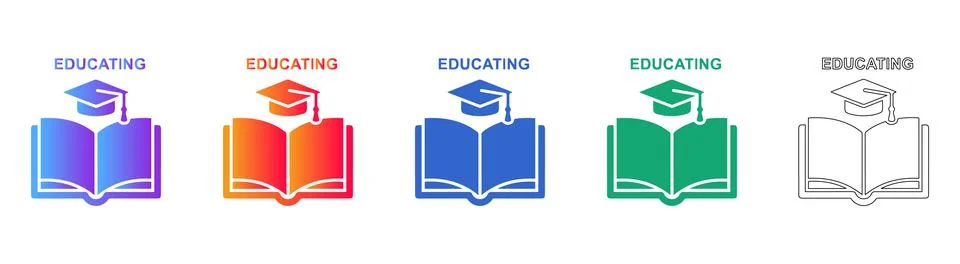 Educating Icons with Open Book and Graduation Cap Ilustración de archivo
