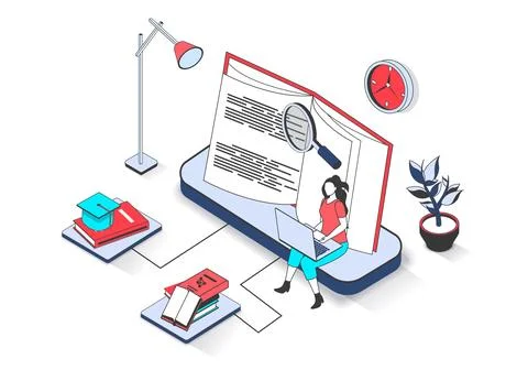 Education 3d isometric concept with isometry people design for web. Woman l.. イラスト素材