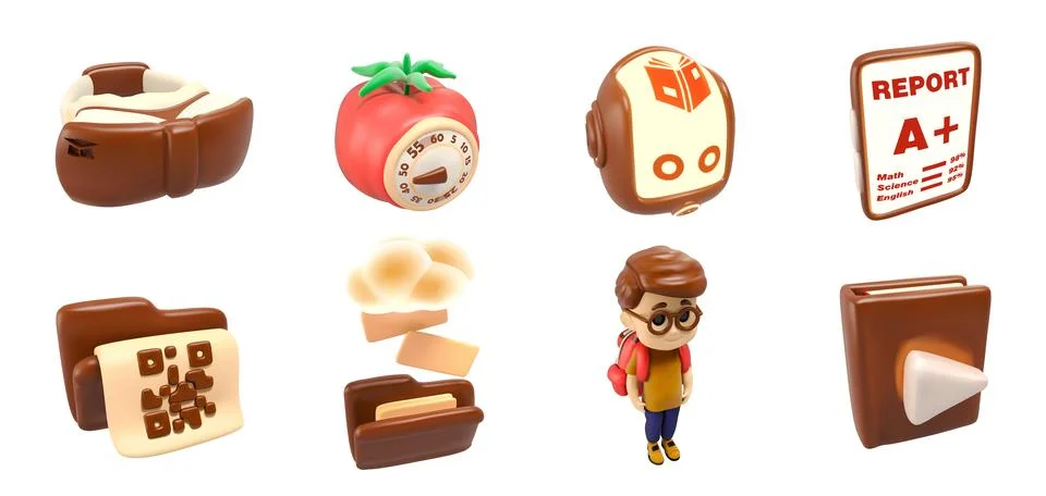 Education 3d vector icon set with school boy student 스톡 일러스트