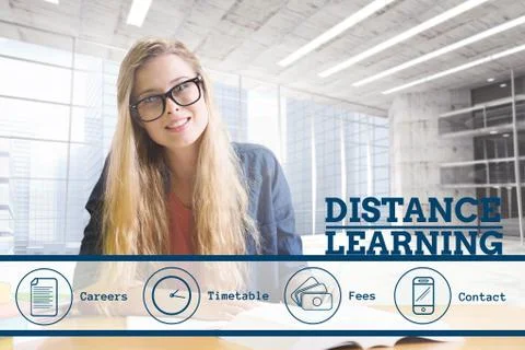 Education and distance learning text and icons and woman sitting Fotos de archivo