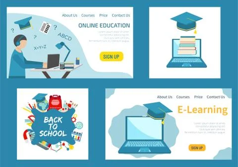 Education and e-learning concept. Set of landing page template and Back to sc イラスト素材