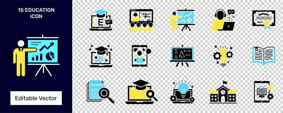 Education and e-learning icon set. School and academic study symbols. Stock Illustration