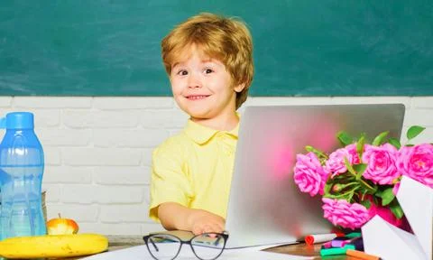 Education and e-learning. Little schoolboy with laptop in classroom. Kid at s Stock Photos