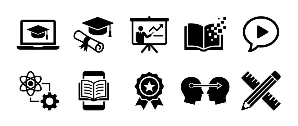 Education and e-learning solid icon set. Features symbols for online gradua.. Stock Illustration