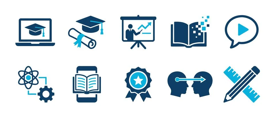 Education and E-learning solid icon set. Containing icons related to Online.. Stock Illustration