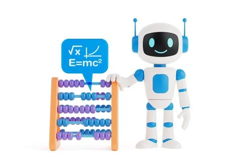 Education And Intelligence Concept. Cute Ai Robot Standing With Abacus And .. Illustrazione stock