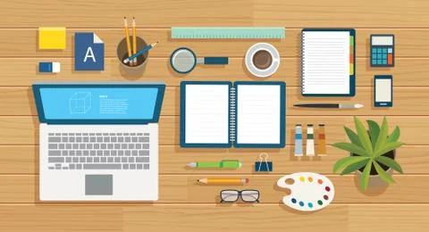 Education and learning banner flat design template. School object on wooden b Stock Illustration