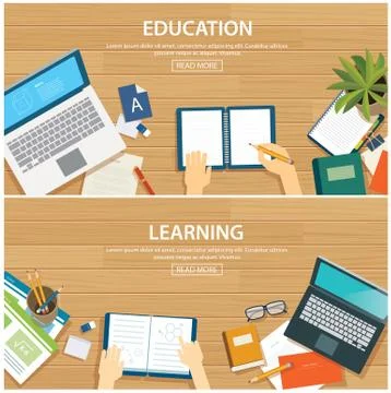 Education and learning banner flat design template. School object on wooden b 스톡 일러스트