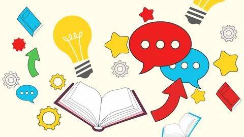 Education and learning concept with books lightbulb speech bubbles, education Stockillustratie