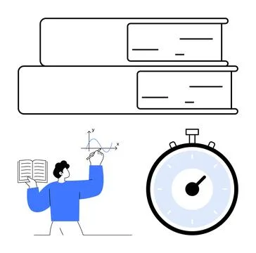 Education and Learning Elements Books, Scientific Analysis, and Time Manageme Illustrazione stock