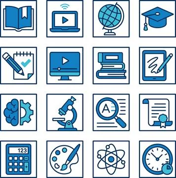 Education and Learning Icons Set with Books, Laptop, Globe, and Graduation Ca Illustrazione stock