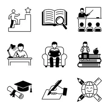 Education and learning icons set: student climbing stairs to success, open .. Stock Illustration