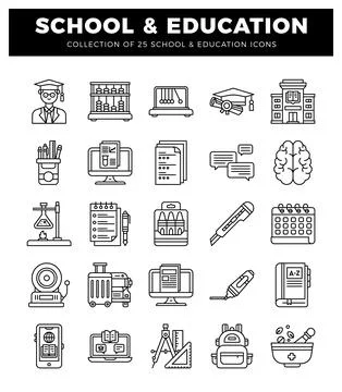 Education and School Icons in Flat Line Art Style Illustrazione stock