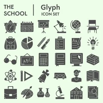 Education and school solid icon set, study symbols set collection or vector Stock Illustration