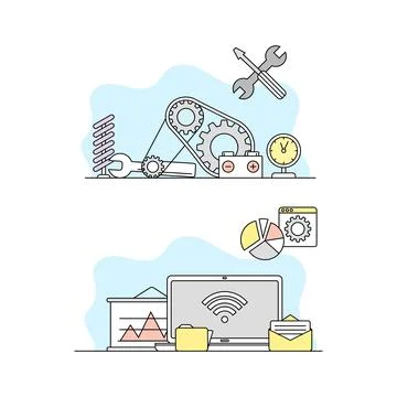 Education and science concept. Data storage and analysing, repair equipment and Illustrazione stock
