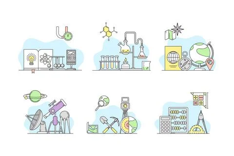Education and science objects set. Physics, chemistry, biology, astronomy Stock Illustration