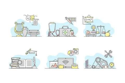 Education and science objects set. Art, medicine, literature, physics, computer Stock Illustration